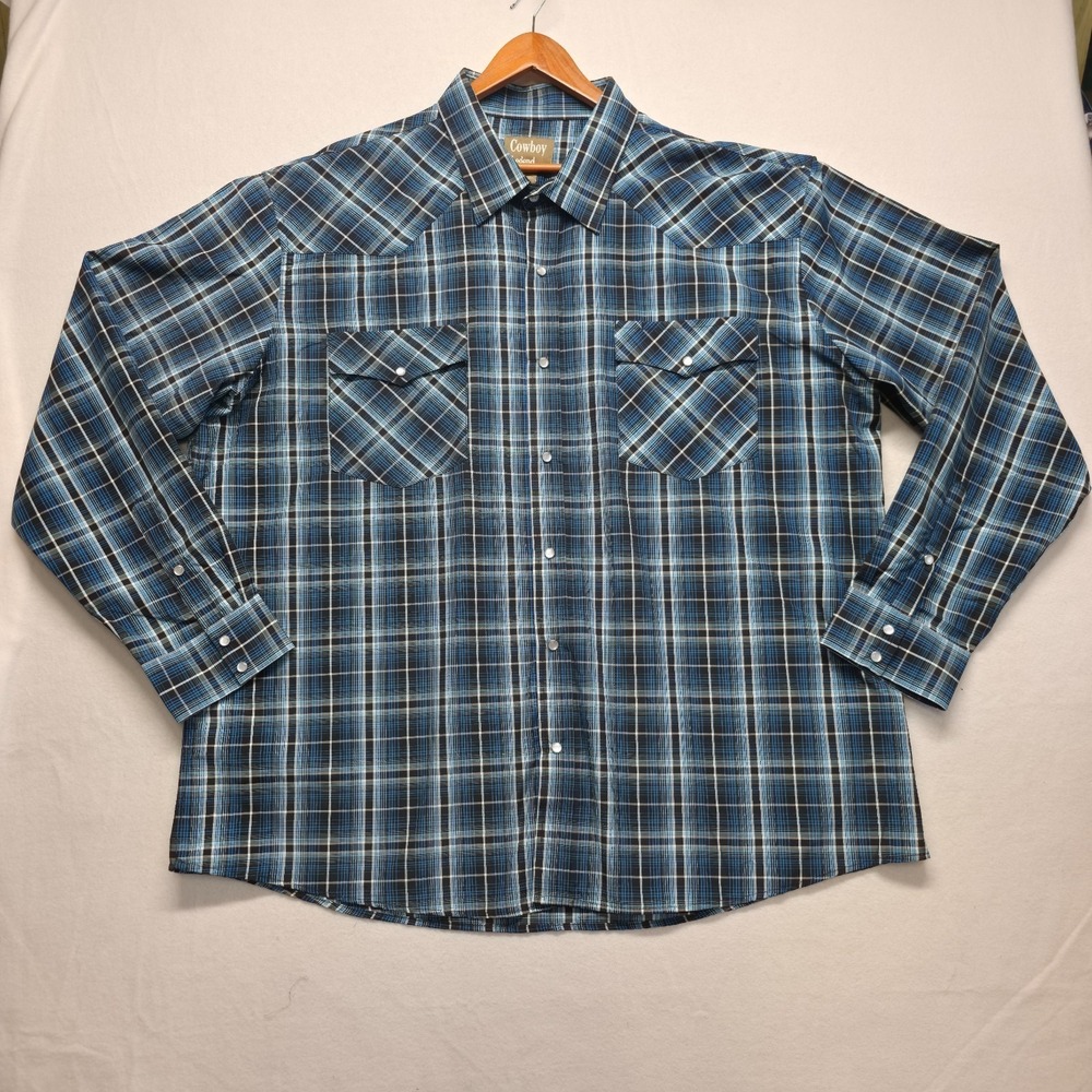 Cowboy Legend Men's Blue Plaid Long Sleeve Pearl Snap Western Shirt Size 4X‎